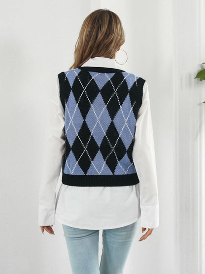 Skull Geometric V-Neck Sweater Vest-Angel Casuals