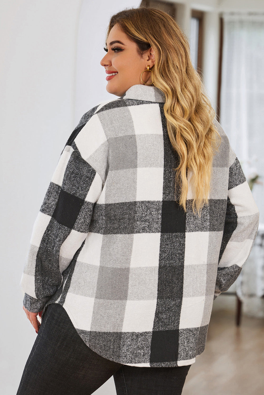 Plus Size Plaid Button Up Collared Neck Jacket-Angel Casuals