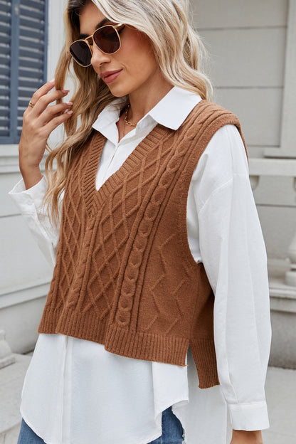 Cable-Knit V-Neck Sweater Vest-Angel Casuals