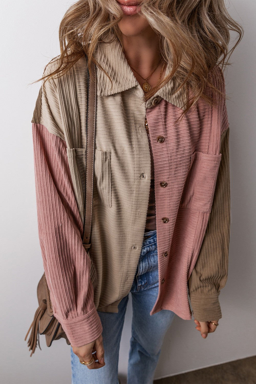 Button Up Color Block Long Sleeve Shacket-Angel Casuals