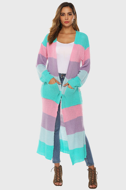 Color Block Long Sleeve Pocketed Cardigan-Angel Casuals