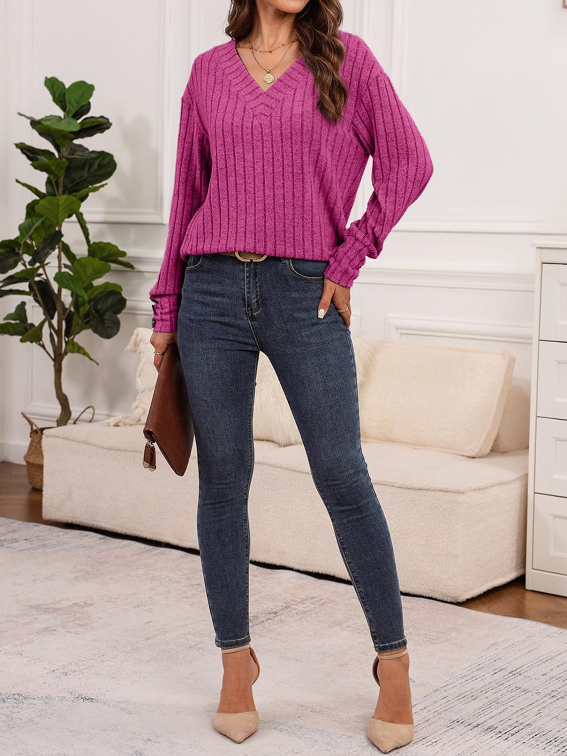Ribbed V-Neck Long Sleeve T-Shirt-Angel Casuals