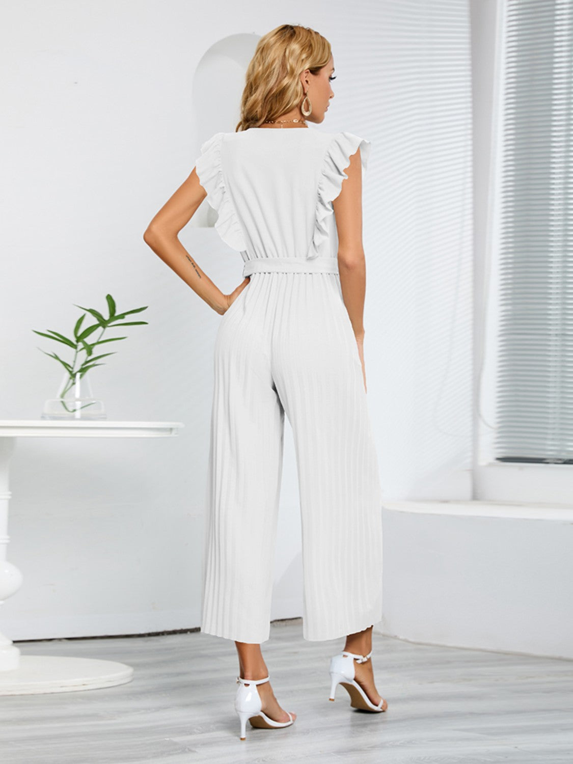 Ruffled Surplice Cap Sleeve Jumpsuit-Angel Casuals