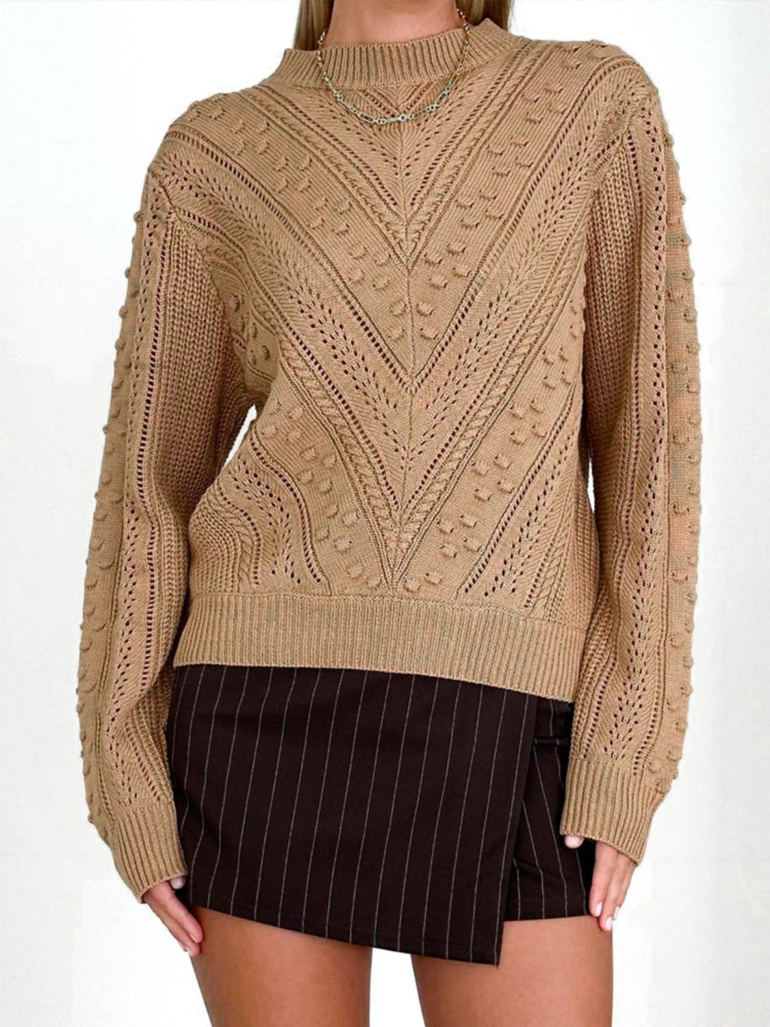 Perfee Openwork Round Neck Long Sleeve Sweater-Angel Casuals
