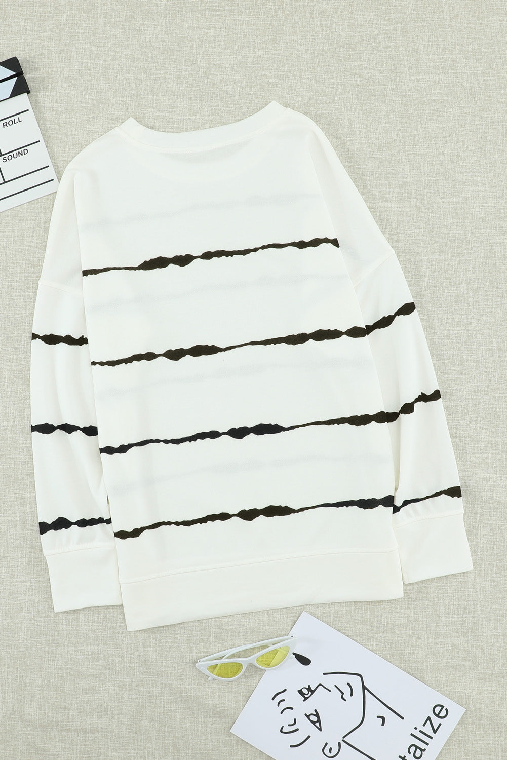 Slit Contrast Striped Round Neck Long Sleeve T-Shirt-Angel Casuals