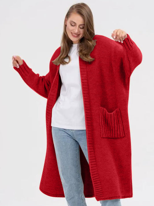 Pocketed Open Front Long Sleeve Longline Cardigan-Angel Casuals