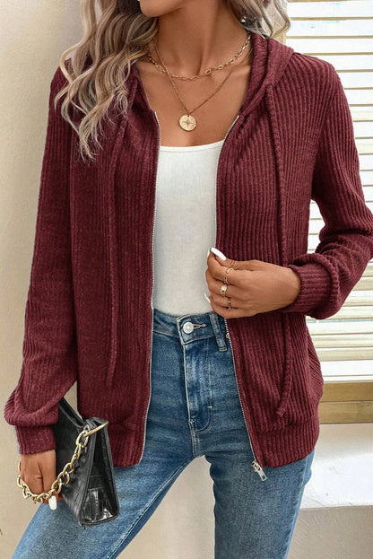 Drawstring Zip Up Long Sleeve Hooded Jacket-Angel Casuals