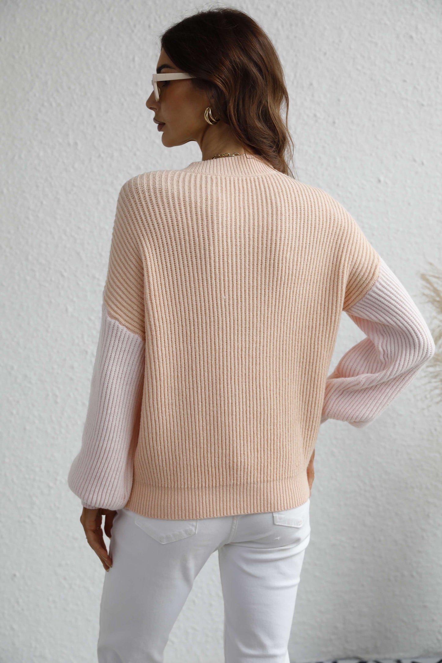 Two-Tone Rib-Knit Dropped Shoulder Sweater-Angel Casuals