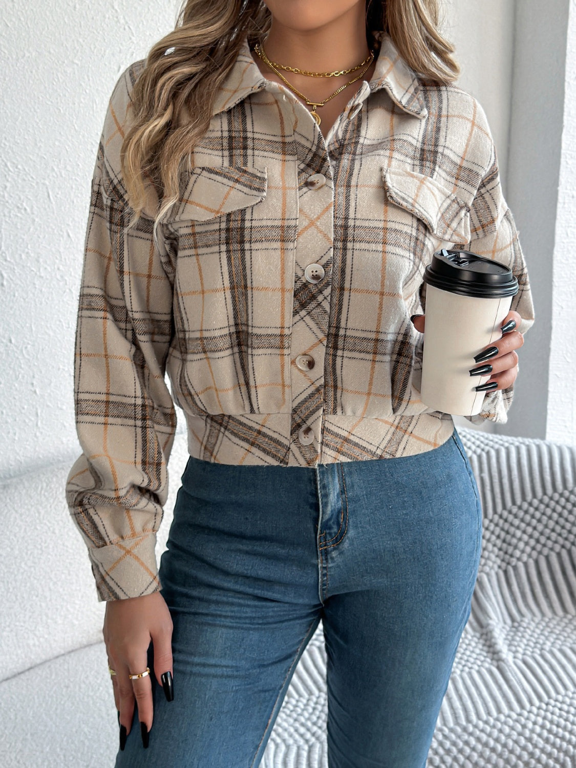 Plaid Button Up Long Sleeve Jacket-Angel Casuals