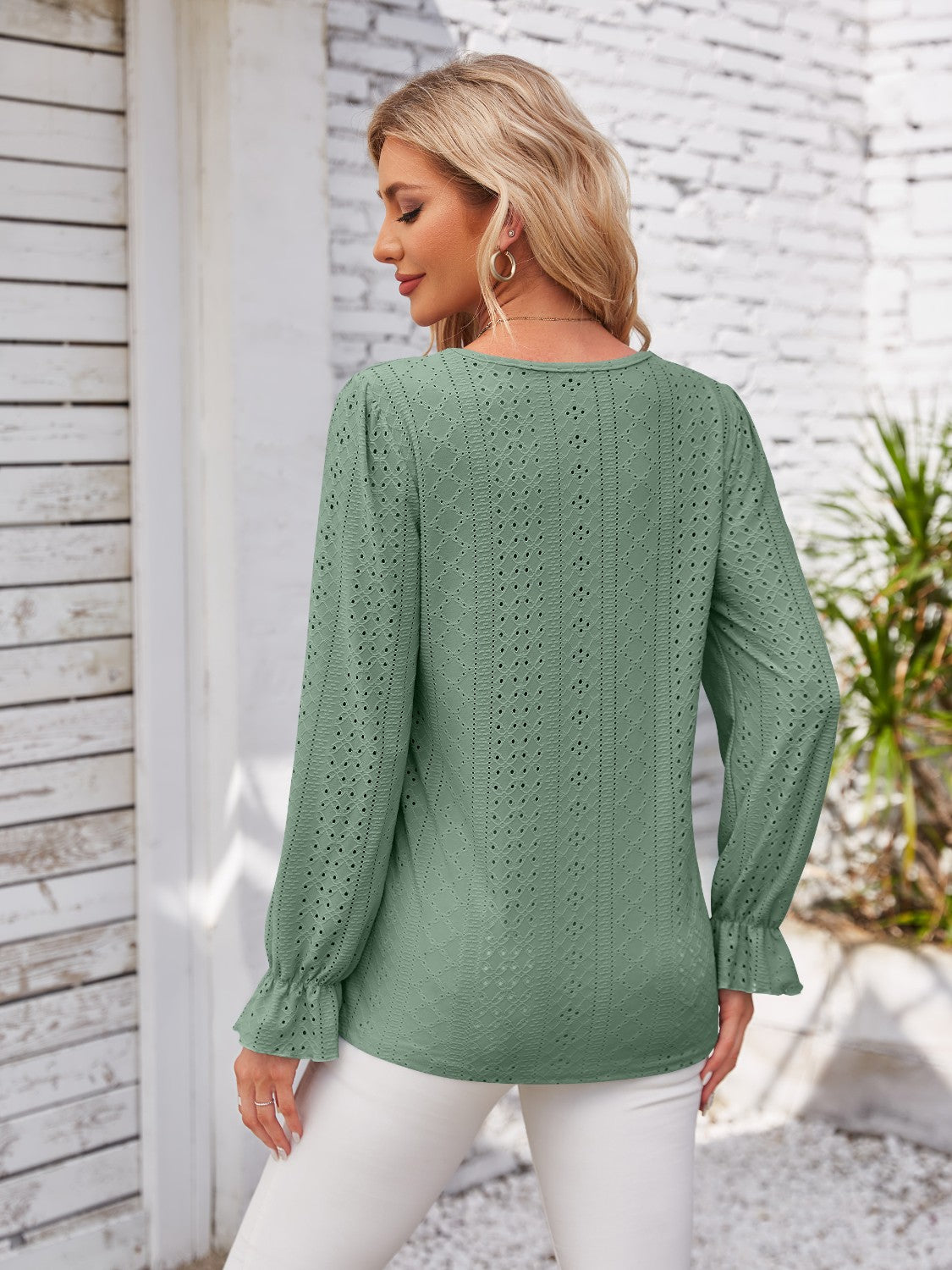 Applique V-Neck Flounce Sleeve T-Shirt-Angel Casuals