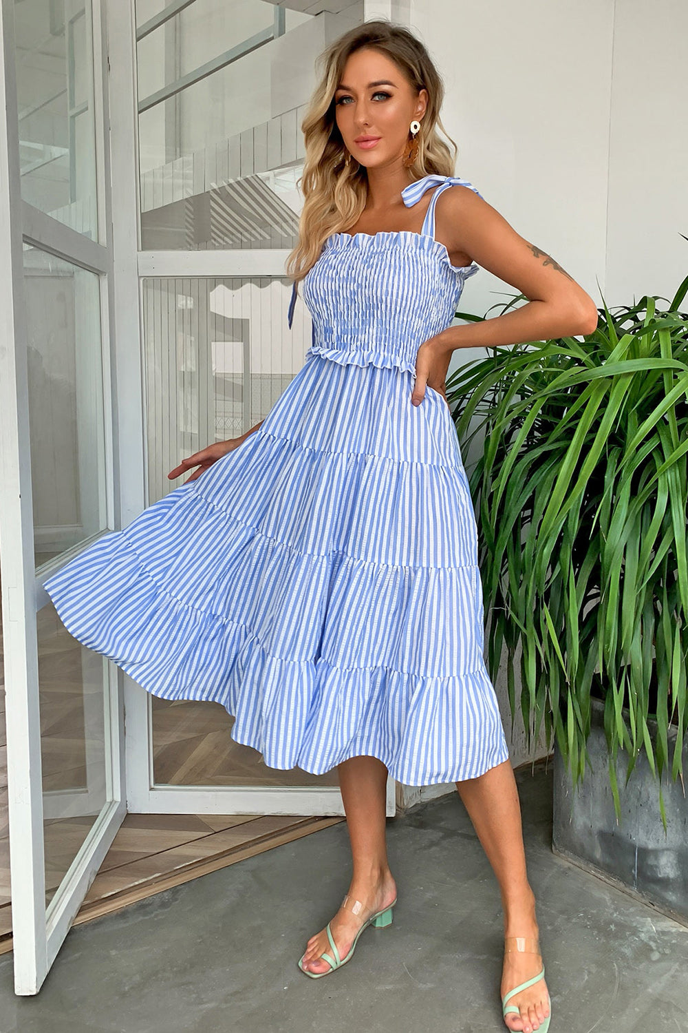 Striped Tie-Shoulder Tiered Dress-Angel Casuals