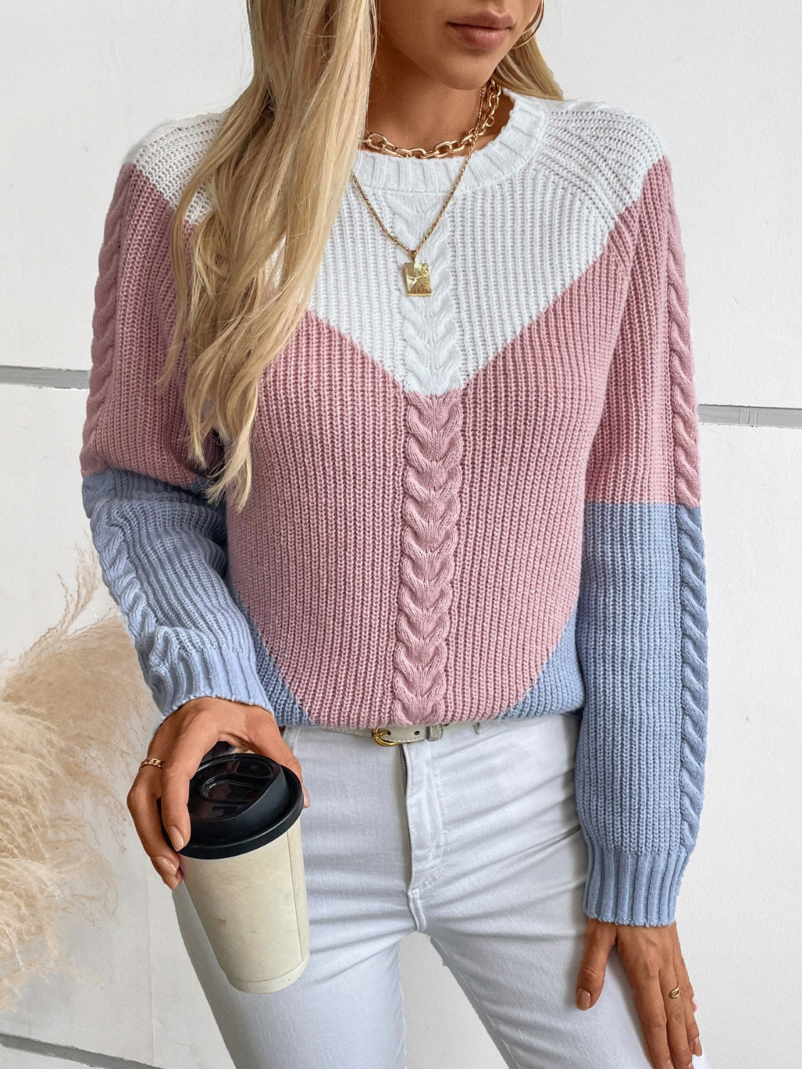 Color Block Round Neck Long Sleeve Sweater-Angel Casuals