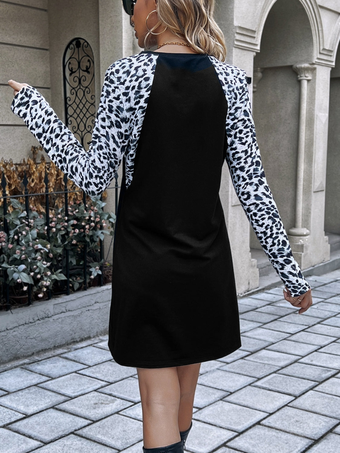 Leopard Round Neck Long Sleeve Dress-Angel Casuals