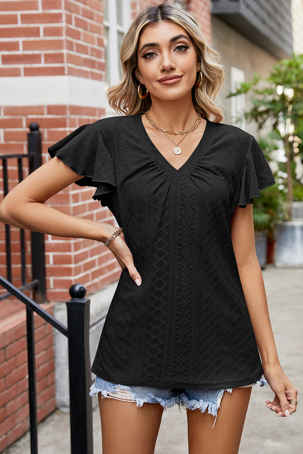 Eyelet V-Neck Flutter Sleeve T-Shirt-Angel Casuals
