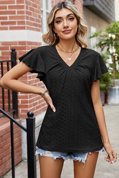 Eyelet V-Neck Flutter Sleeve T-Shirt-Angel Casuals