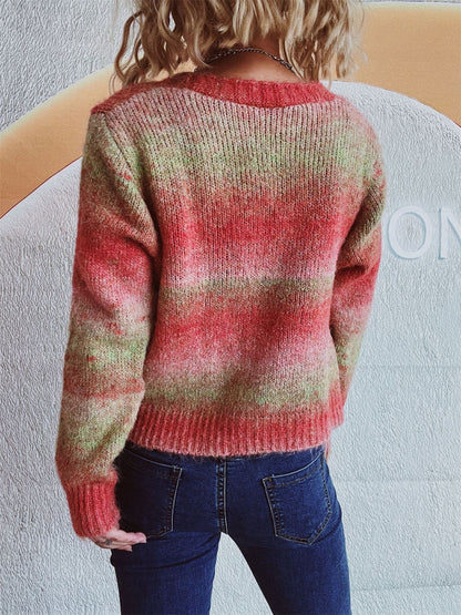 Gradient Heart Shape Button V-Neck Cardigan-Angel Casuals