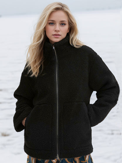 Turtleneck Zip Up Long Sleeve Plush Jacket-Angel Casuals