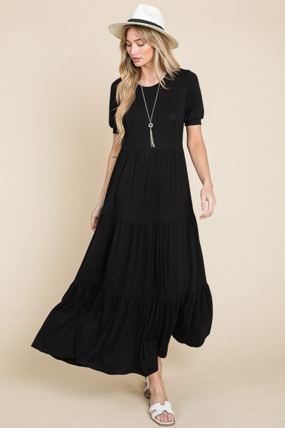 BOMBOM Short Sleeve Tiered Maxi Dress-Angel Casuals