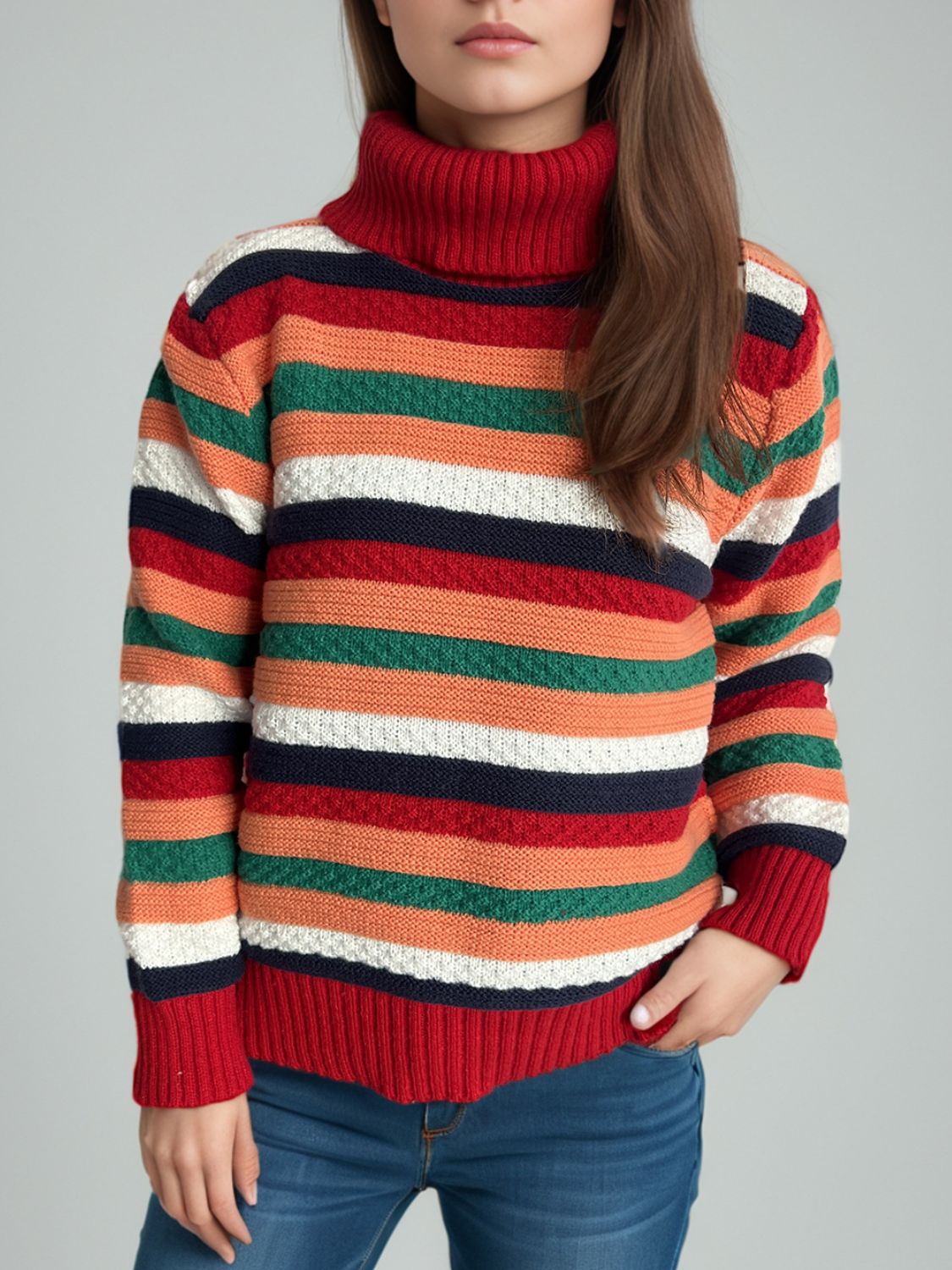 Contrast Stripes Turtleneck Long Sleeve Sweater-Angel Casuals