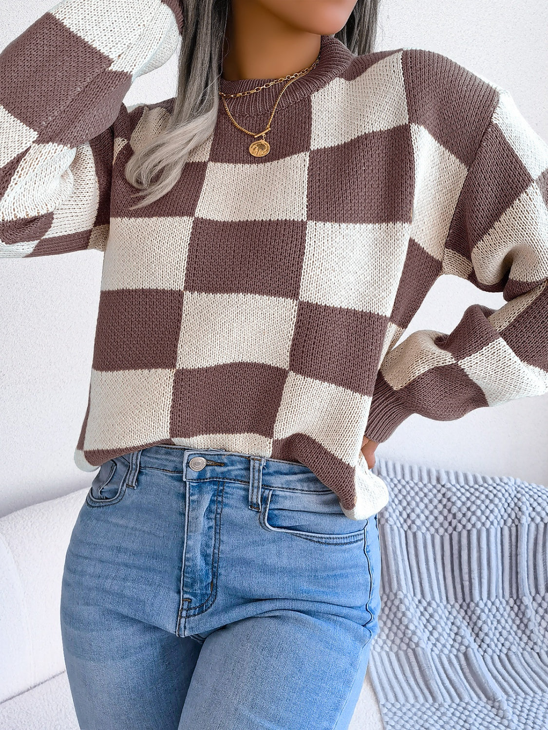 Checkered Mock Neck Long Sleeve Sweater-Angel Casuals