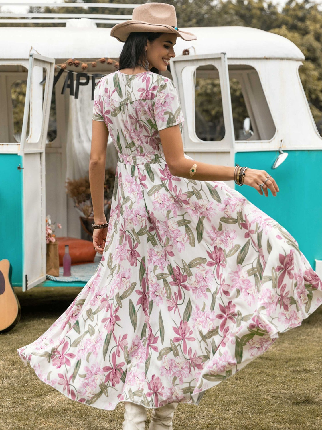 Floral V-Neck Slit Dress-Angel Casuals