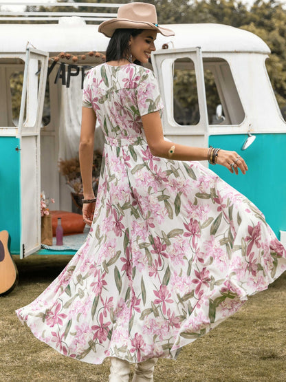 Floral V-Neck Slit Dress-Angel Casuals