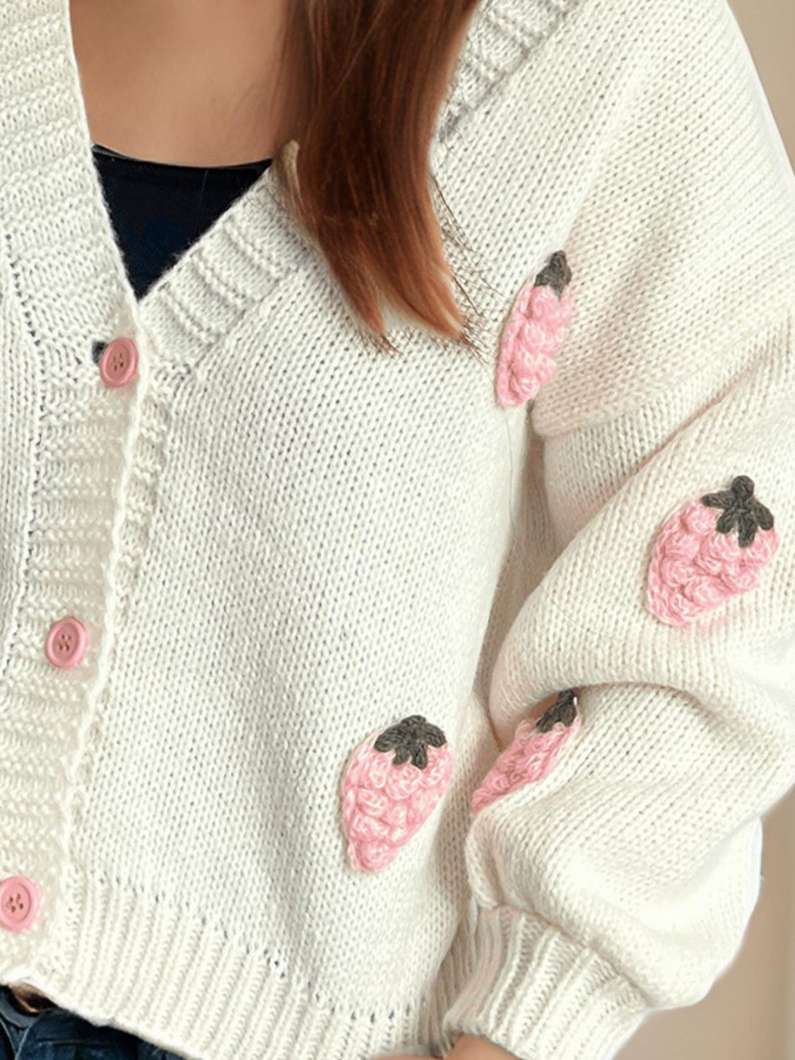 Crochet Strawberry V-Neck Long Sleeve Cardigan-Angel Casuals