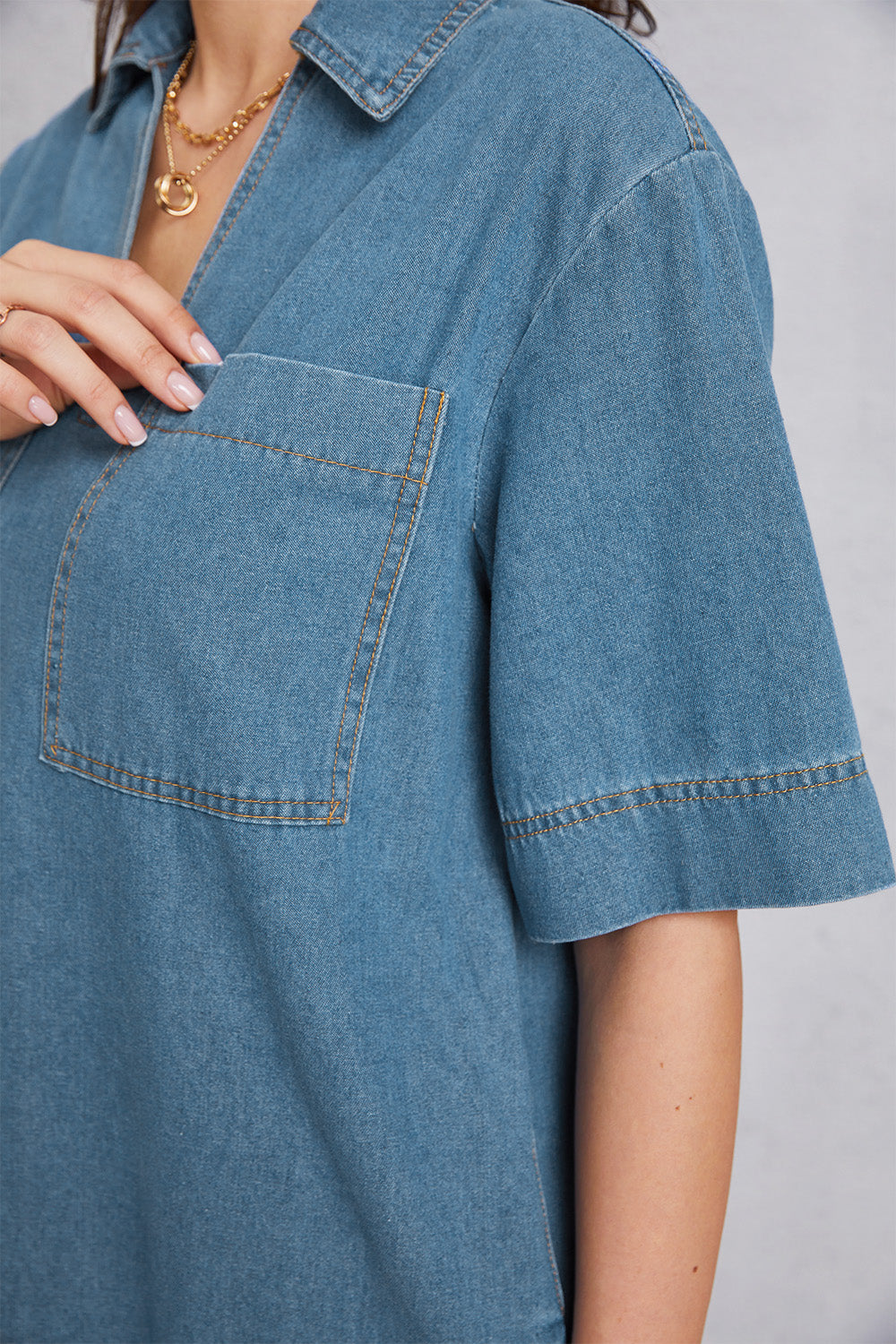 Pocketed Collared Neck Mini Denim Dress-Angel Casuals