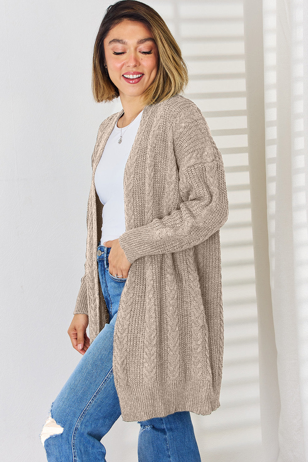 Cable-Knit Open Front Dropped Shoulder Cardigan-Angel Casuals
