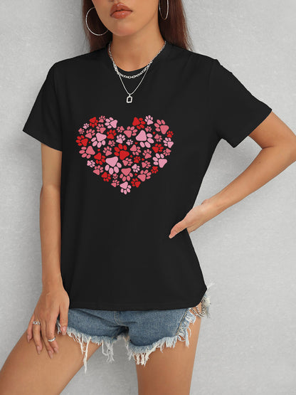 Heart Round Neck Short Sleeve T-Shirt-Angel Casuals