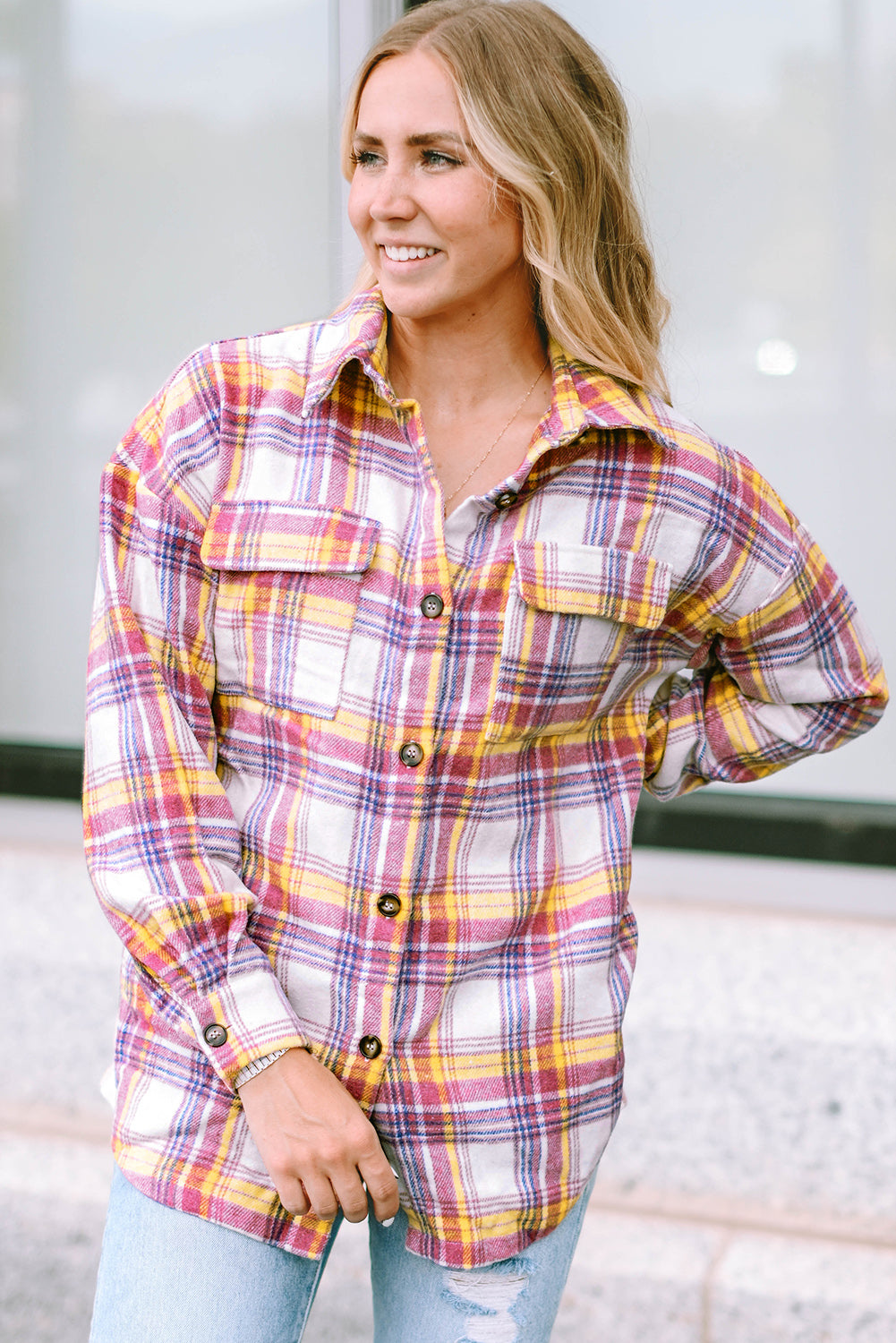 Plaid Button Down Collared Jacket-Angel Casuals