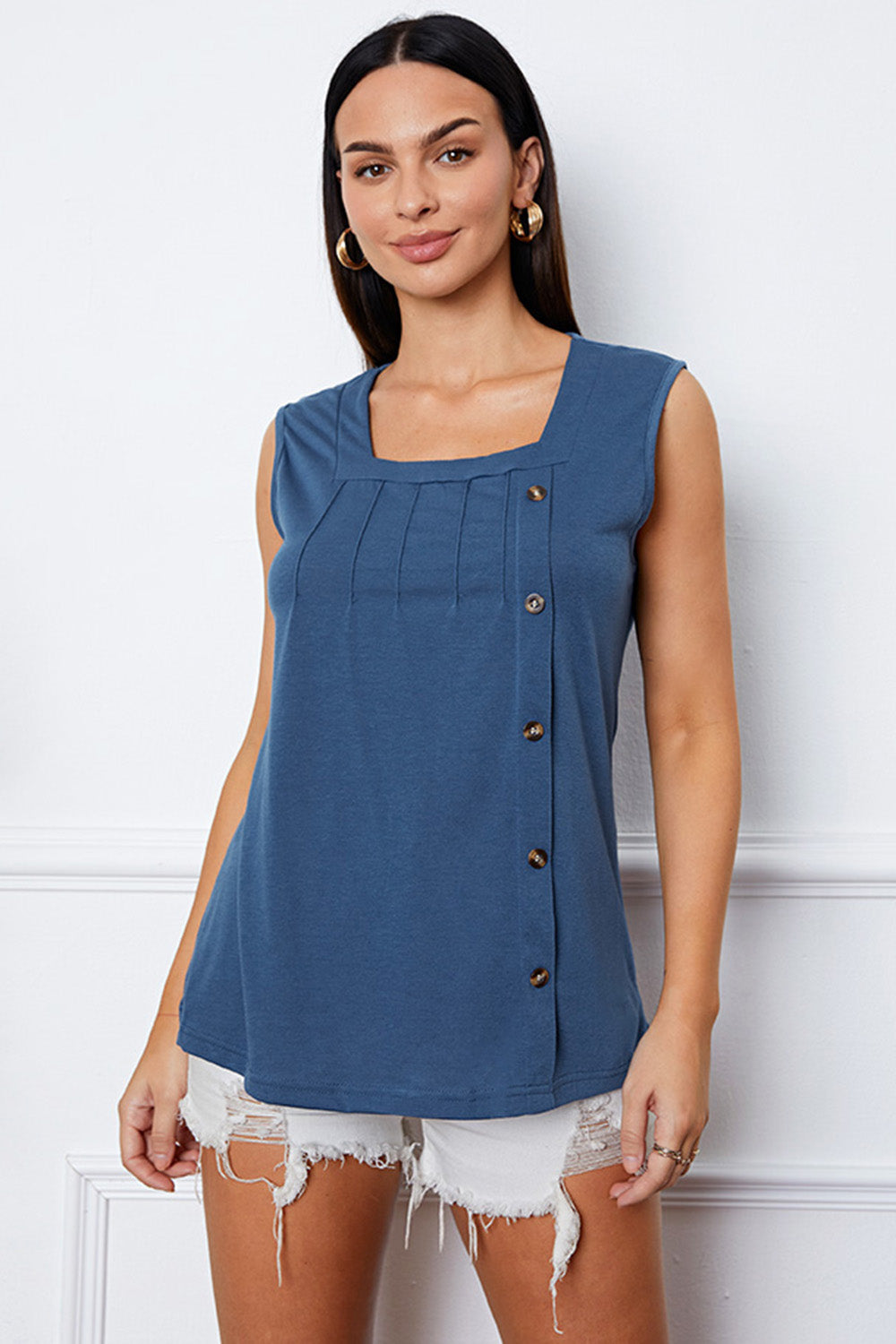 Square Neck Decorative Button Tank-Angel Casuals