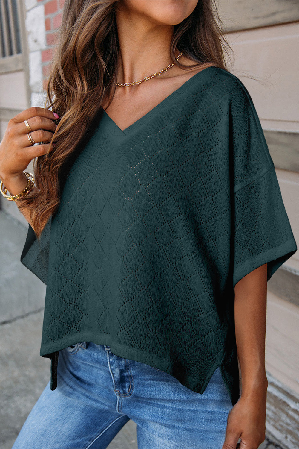 Eyelet V-Neck Dropped Shoulder T-Shirt-Angel Casuals