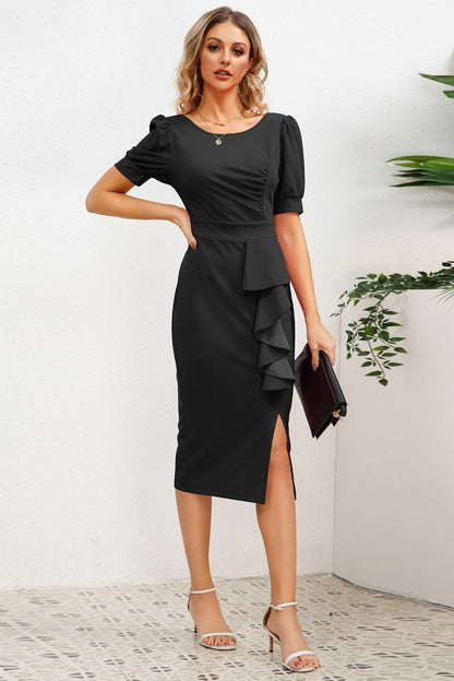 Slit Ruffled Puff Sleeve Midi Dress-Angel Casuals