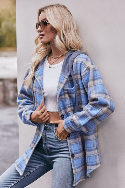 Plaid Dropped Shoulder Hooded Longline Jacket-Angel Casuals