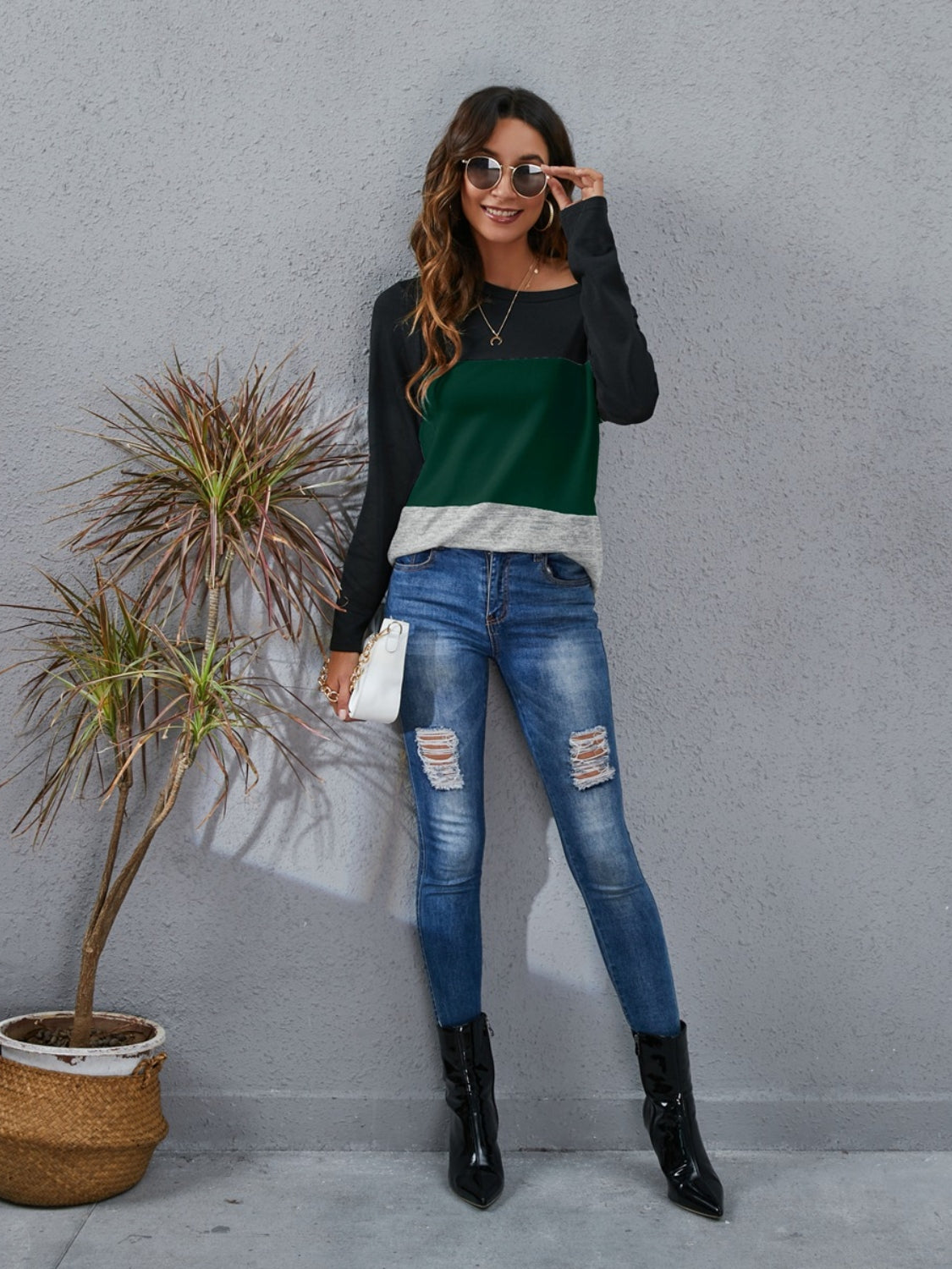 Color Block Round Neck Long Sleeve T-Shirt-Angel Casuals