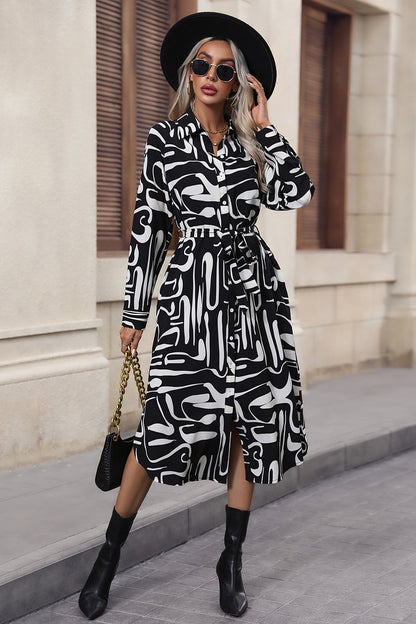 Printed Tie Front Collared Neck Slit Shirt Dress-Angel Casuals