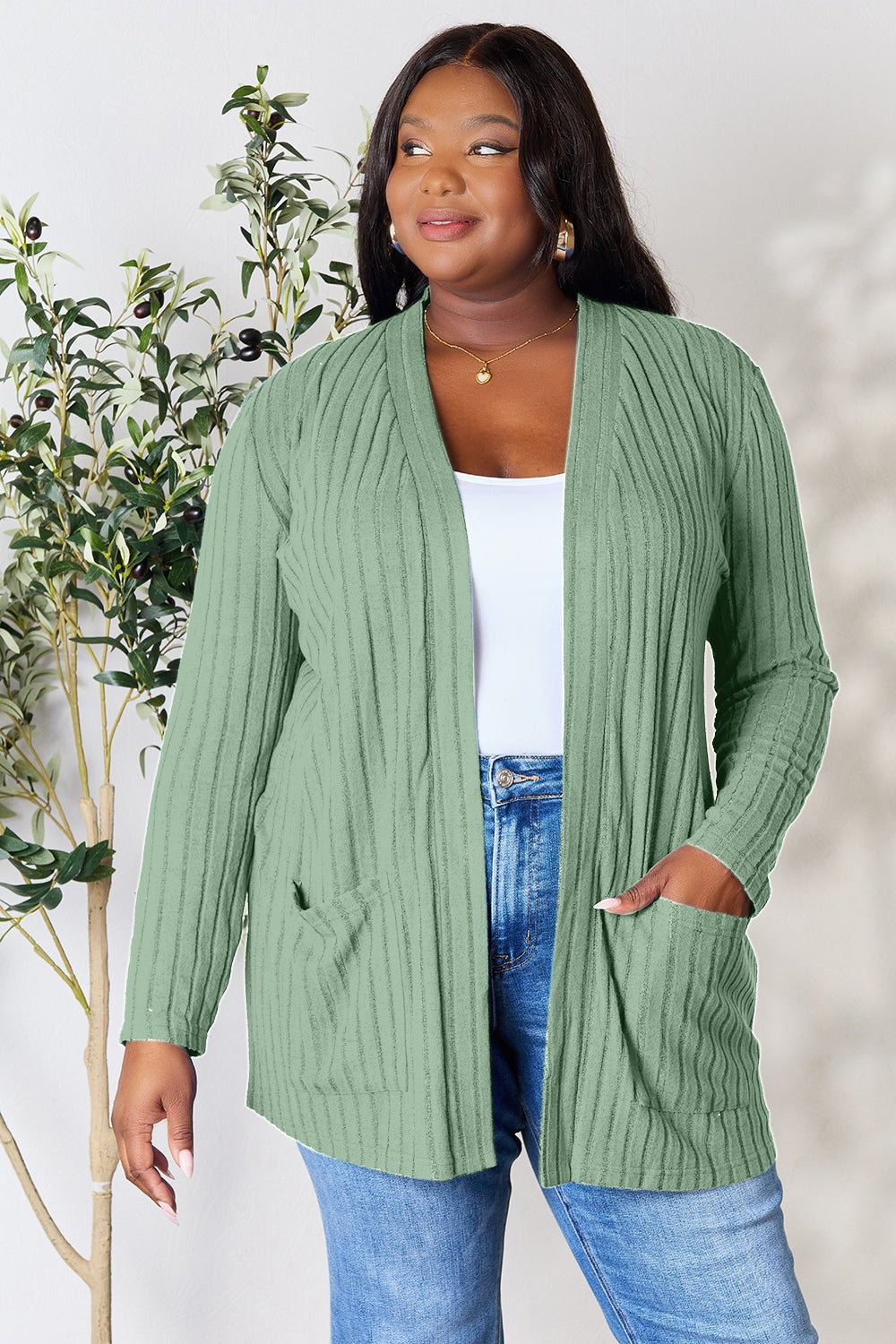 Basic Bae Full Size Ribbed Open Front Cardigan with Pockets-Angel Casuals