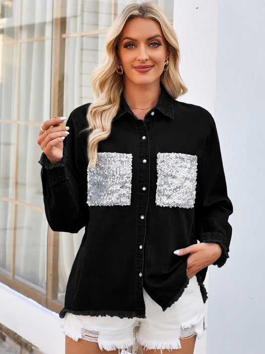 Raw Hem Button Up Long Sleeve Denim Jacket with Sequin Pockets-Angel Casuals