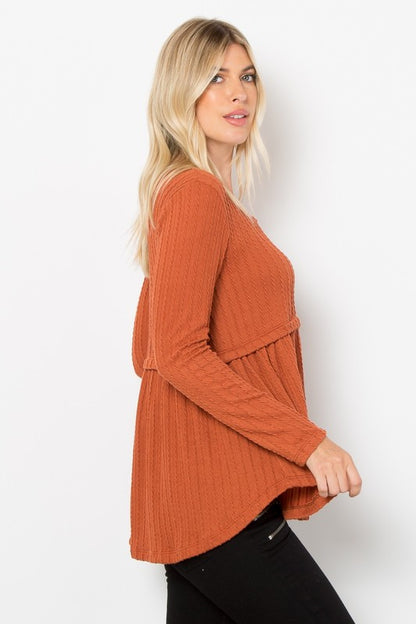 Be Stage Full Size Texture Babydoll Round Neck Long Sleeve Knit Top-Angel Casuals