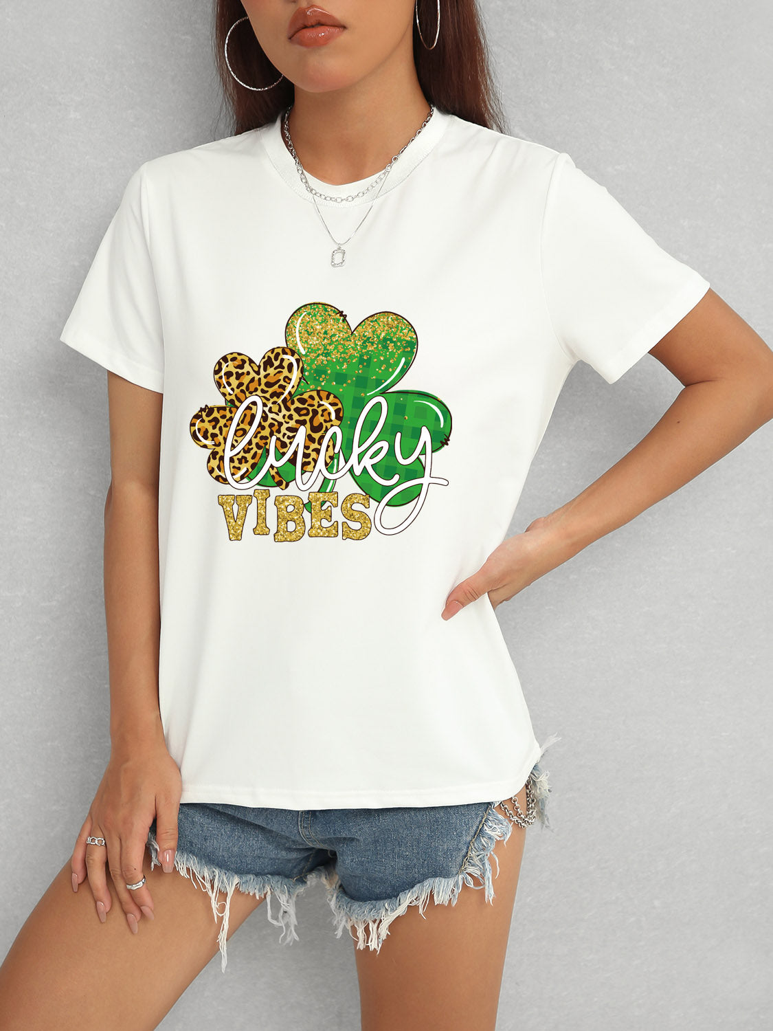 LUCKY VIBES Round Neck Short Sleeve T-Shirt-Angel Casuals