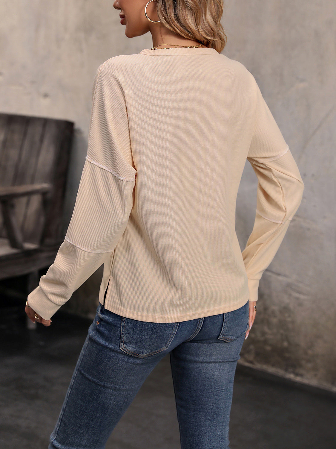 Round Neck Buttoned Slit Long Sleeve Top-Angel Casuals