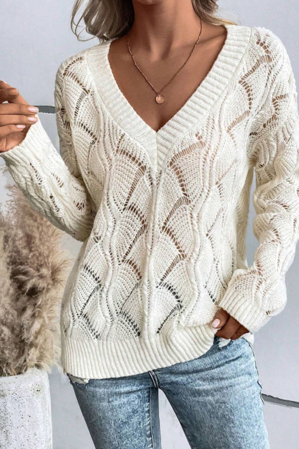 Openwork V-Neck Long Sleeve Sweater-Angel Casuals