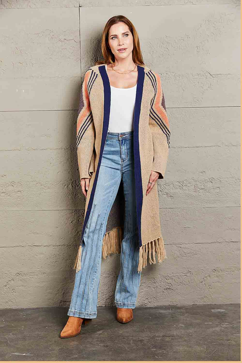 Geometric Fringe Hem Open Front Duster Cardigan-Angel Casuals