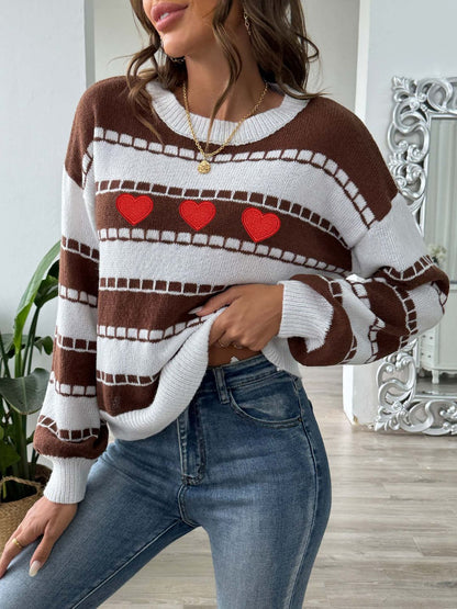 Heart Round Neck Long Sleeve Sweater-Angel Casuals