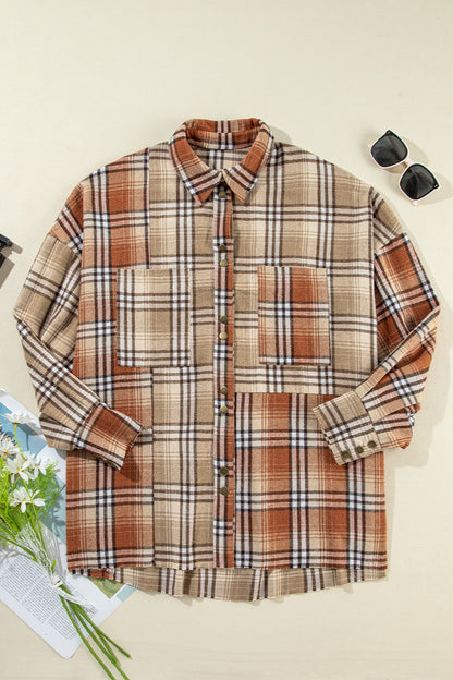 Plaid Snap Down Dropped Shoulder Shacket-Angel Casuals