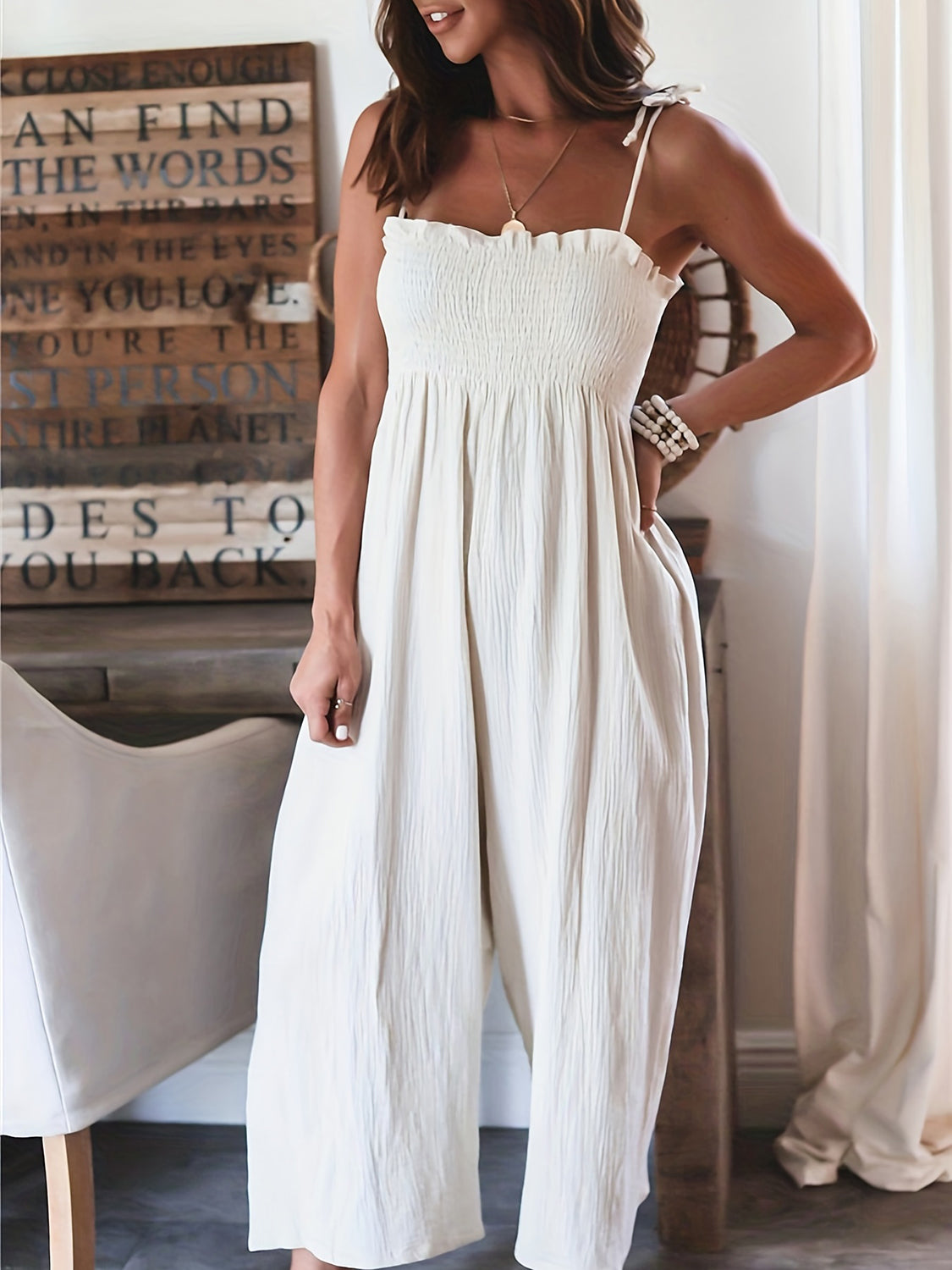 Full Size Smocked Spaghetti Strap Wide Leg Jumpsuit-Angel Casuals