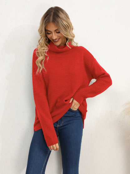 Slit Turtleneck Dropped Shoulder Sweater-Angel Casuals