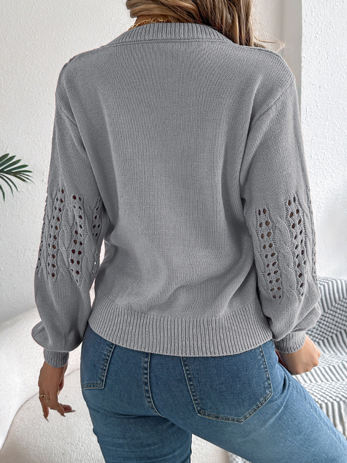 Openwork Round Neck Long Sleeve Sweater-Angel Casuals