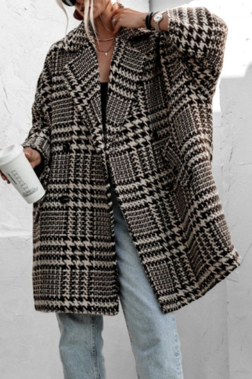 Houndstooth Collared Neck Long Sleeve Coat with Pockets-Angel Casuals